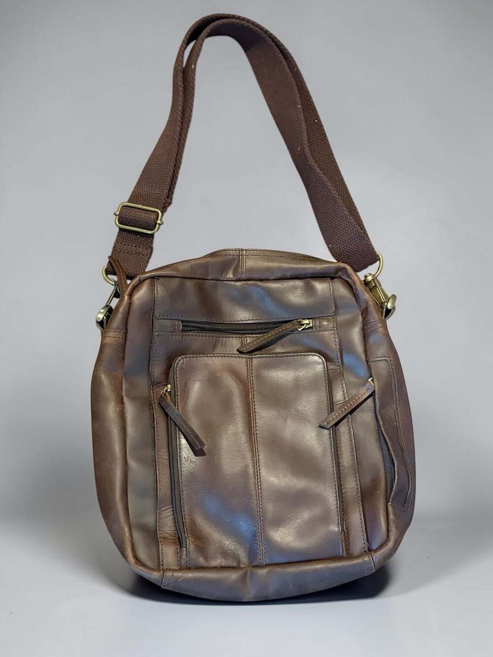 Mens Genuine Leather Multi-Zipper Pocket Crossbody Shoulder Bag